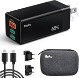 Ruko 65W 急速 充電器 Type-C 3ポート【USB-C *2とUSB-A*1】PD3.0 PPS GaNII 折り畳み式iphone17/16/15/MacBook/iPad/Galaxy/Android/PC/45w/30w対応 PSE適合 国際旅行充電対応 [ブラック]