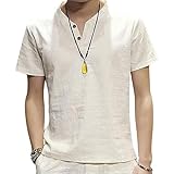 [Aaronlive] メンズ tシャツ スウェット半袖 Vネック tシャツ メンズ 綿と麻 無地 快適 大きいサイズ ストリート系 カジュアル 夏服 メンズ tシャツ white 2XL