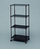 スチールシェルフ メタルシェルフ キャスター付き ウッドボード付きカラーメタルラック ブラック