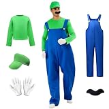 [CHALAN] ハロウィン コスプレ衣装 大人用 仮装 【5点セット オーバーオール Tシャツ 帽子 手袋 ひげ】 コスチューム コスプレ クリスマス イベンド 学園祭 変装 変身 ギフト プレゼント 緑/青 M