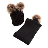 Lovoski ビーニー　キャップ　スカーフ　セット　ベビー　　暖かい　ポム　ボブル　スキー　ハット　ニット　かぎ針編み　　冬　　全5色 - ブラック