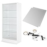 【福袋】【地球家具】コレクションラック「ワイド」新シリーズセット 幅83cm 奥行39cm 【正規品】[鍵付きコレクションケース] [耐震]（引き戸 ハイタイプ本体+背面ミラー2枚+LEDセット） ホワイト