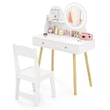 COSTWAY ままごと ドレッサー 子供 木製 化粧台 可愛い メイクおもちゃ 女の子 キッズ用 ライト付きのミニ鏡台 椅子付き 2つ引き出し 収納台 誕生日プレゼント クリスマスギフト 知育玩具 (ホワイト)