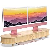 WELL WENG モニター台 竹製 モニタースタンド 卓上 机上台 パソコン台 机上ラック 横幅107cm 2段式 竹製天板 曲線デザイン 引き戸付き デスクトップ用 机上 机上台 PCモニター台 パソコンラック 収納 整理整頓 バンブー