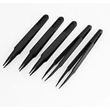 uxcell　プラスチックピンセット先細　ストレートツイーザー　ピンセット　金属製　プラスチック　ノンスリップ　5個セット　ブラック