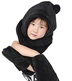 (ビグッド)Bigood 赤ちゃん 子供 帽子＋マフラー＋手袋セット キャップ 帽子 男の子 女の子 可愛いぬいぐるみキャップ 秋冬 あったかな ベビー用 ボールボール付 キッズ ブラック