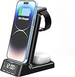 4 in 1 ワイヤレス充電ステーション、急速充電器 充電スタンド 折りたたみ式 時計付き Compatible with iPhone 15 14 13 12 11 Pro/Pro Max 8 Plus 7 XRなど、For Apple Watch/AirPodsに対応 (ブラック)