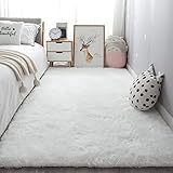 カーペット 80x140cm ふわふわ シャギー タイルマットカーペット 防音 厚手 長方形 スベリ止め 丸洗い 折り畳み 可能, 白