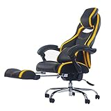 (OSJ)ゲーミングチェア 170度リクライニングチェア オフィスチェア 足置き付 PUレザー 枕/ランバーサポート用クッション付き ハイバック リクライニングチェア (イエロー)