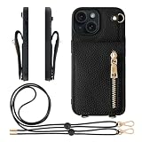 HANATORA for iPhone 15 ケース 本革 スマホケース スマホショルダー カードポケット スタンド ショルダーストラップ 付き シュリンクカーフレザー コインケース 小銭入れ ブラック SCPGGZ-15-Black
