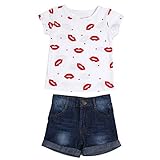 Domybest子供服　女の子　セットアップ キッズ服　キッズTシャツ 半袖Tシャツ+デニムショートパンツ　上下 2点セット リッププリント　赤ちゃん　キッズ　ガールズ　カジュアル　お出かけ　普段着 