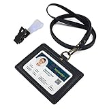 ネームホルダー 牛本革 IDカードホルダー 両面用 横型 社員証・名札・定期入れ・パスケース ネックストラップ ２ポケット (黒)