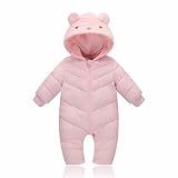 可愛い 赤ちゃん ダウンロンパース キッズジャンプスーツ ベビーダウンコート 新生児用 カバーオール フード付き 冬 防寒 出産祝い プレゼント (L, ピンク)