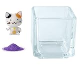 花市場直送便 ミニチュアガラス 三毛猫立ち & カラーサンド パープル & 植え込み用グラス ニューブロックS