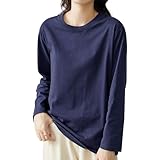 [EAXGO] 【綿100！当店１番人気】ロンティー レディース 長袖tシャツ トップス 【トレンドの新定義・ゆる感・小顔効果】 カットソー クルーネック ティーシャツ ロングスリーブ 無地 カジュアル ゆったり 重ね着 きれいめ オシャレ 秋 (L, ネイビーブルー)