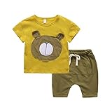 PANCY 子供服 春夏 コットン Ｔシャツ 短パン 上下セット 男の子 女の子 かわいい くま(カーキ,90cm)