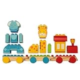 14.75インチ長X 2.5インチ幅X 6.25インチ高(組立) CharmingマルチカラーDreamブロック14-piece Wooden Animal Train Building Set fo