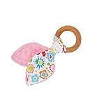Natural Organic Maple Wooden Teething Ring Toy - Bunny Ears Teether - Pink & Blue Flower Fabric and 