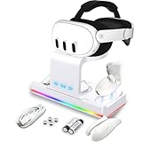 Meta Quest 3用RGB充電ドック、VRコントローラーとヘッドセット用の高速充電ステーション Oculus Quest 3用充電式バッテリー付き VR充電器ディスプレイスタンド デスクに最適 (ホワイト)