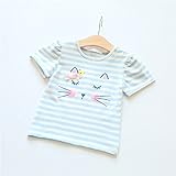 (美来Kids) こども服 女の子 キッズ 半袖 Ｔシャツ ボーダー リボン ガーリー パフスリーブ ねこプリント (90, ライトブルー)