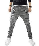 [ASH] ダメージ加工 ストレッチ サルエルデニムパンツ (S, グレー)