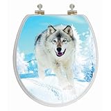 Topseat 3dラウンドトイレシート、W / Chromedメタルヒンジ、木製、Snow Wolf