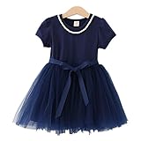 WIN 子供ドレス キッズドレス ワンピース 女の子 女児 ガールズ フォーマル 発表会 結婚式 入園式 演奏会 リボン飾り (110cm, ネイビー)