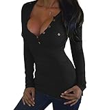 【Smile LaLa】 レディース トップス Tシャツ カットソー セクシー 谷間 長袖 インナー Vネック シンプル カジュアル 無地 大人 (ブラック, M)