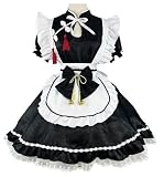 [尚基製造] メイド服 チャイナワンピース 中華風ロリータ コスプレ仮装 ゴスロリ ウェイトレス フリル ロリータドレス カチューシャ 付き コスチュームセット ブラック (半袖, L)