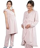 Sweet Mommy マタニティパジャマ 3点セット 授乳口付き フリルワンピ マタニティボトム ガウン ソフトカップ付き コットン 大きいサイズ 胸パッド付 春 夏 産前産後 ルームウェア ナイテ