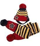 Plus Nao(プラスナオ) 子供用 ニット帽＆マフラー 2点セット セットアップ ボンボン付き ボーダー スターワッペン付き ビーニー ベビー キ - ネイビー