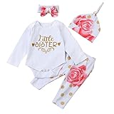 Malada新生児幼児ベビーガールズ文字ロンパーストップス+花柄パンツ帽子4点服セット 3M ホワイト HCM80103173