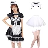 [EVOLUTER] メイド服 コスプレ ハロウィン セクシー 網タイツ パニエ付き メイド コス 衣装 仮装 レディース （XL）