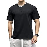 [KULIXI] トレーニングウェア メンズ ジム tシャツ スポーツ ストレッチ 綿100% 立体ロゴ 半袖 丸首 筋トレ フィットネス カジュアル アクティブ 無地 Tシャツ 5509 ブラック M