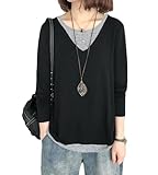 [MaxWant] 綿100％ Tシャツ カットソー 長袖 レディース フェイクレイヤード 重ね着風 春 秋 冬 大きいサイズ (JP, アルファベット, L, ブラック)
