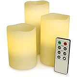 campteckのセット3 RealワックスバッテリーPowered LEDフレイムレスキャンドルwithタイマーとリモートコントロール