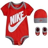 nike ナイキ 男女兼用Futura Big Swooshロゴ半袖ボディースーツ出産祝い3点セット（Red） ロンパース 出産祝い [並行輸入品]