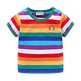 LittleSpring夏 ボーイズ 男の子 虹 ボーダー柄 半袖ｔシャツ ストライプ シャツ 140