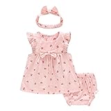 Feidoog　ベビー服 ロンパース ショートパンツ ヘアバンド 上下 3点セット 新生児 赤ちゃん 女の子 お姫様 リボン フリル 可愛い おしゃれ ドレス 綿 出産祝い 誕生日 チェリー ピンク 