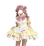 [ＸＨＳＵＫＡＤＯ] メイド服 3点セット ワンピース レディース コスプレ ガーリー系 Lolita 仮装 衣装 ロリータ系 お嬢様 ねこつめ 刺繍 ミニ エプロン リボン付き 半袖 ゆめ可愛い ファッション 女の子 春 夏 秋 イエロー XL [並行輸入品]