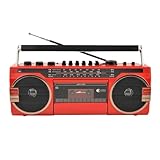 Jopsavmラジオレコーダー、カセットデッキ、テーププレーヤー、電源コンセント/電池駆動、ポータブルラジオ、ステレオラジオレコーダー、Bluetooth機能付き (レッド)
