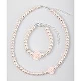 Crystal Dream Flower Girl Pink Simulated Pearls Flower Necklace with Bracelet Toddler Gift Set (GSTN