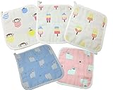 6重 ガーゼタオル ハンカチ 25CM ベビー 子供 幼稚園 保育所 ループ付 (5枚セット, サル・アルパカ・アイス)