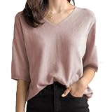 [ANCKDOCE] レディース サマーニット半袖 Tシャツ Vネック ゆったり 落ち感カットソー ファッション夏服 トップス きれい め コーデ(Pink)