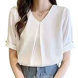 [Bidason] ブラウス レディース 半袖 シフォン シャツ Vネック 夏 ゆったり 着痩せ タック カジュアル 体型カバー きれいめ お洒落 可愛い スッキリ 洗える トップス 通勤 デート 夏