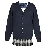 [AAQX] スクールカーディガン 女子 制服 ゆったり ニット Vネック 厚手 無地 高校生 学生 通学 レディース 春秋冬用 100％コットン (JP, アルファベット, L, ネイビー)
