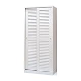 ルーバー扉大量収納シューズボックス(シューズラック) 引き戸式扉 可動棚8枚付き ホワイト（白）