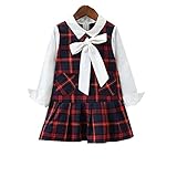 YUEGUANG 子供服 女の子フォーマルドレス チェック柄 韓国風 女の子 ワンピ ドレス ブラックワンピ+Tシャツ 上品 ジュニアドレス ワンピース フォーマルドレス 洋服 長袖 発表会 七五三 