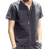 [Aaronlive] メンズ tシャツ スウェット半袖 Vネック tシャツ メンズ 綿と麻 無地 快適 大きいサイズ ストリート系 カジュアル 夏服 メンズ tシャツ gray XL