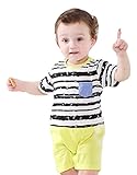 半袖 ロンパース 女の子 男の子 ベビー 73㎝ 80cm 黄色 紺色 夏 ボーダー (73cm, イエロー)